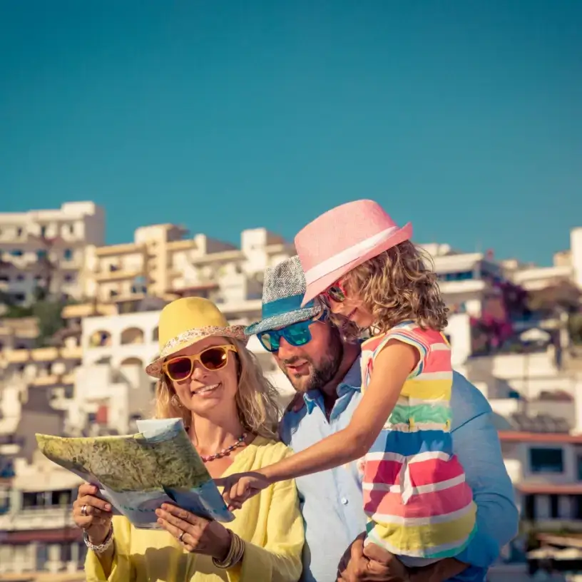 Family on holiday in Europe with travel insurance