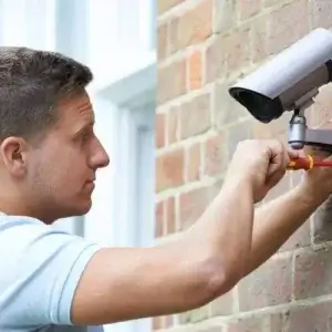 A man installing a security camera.
