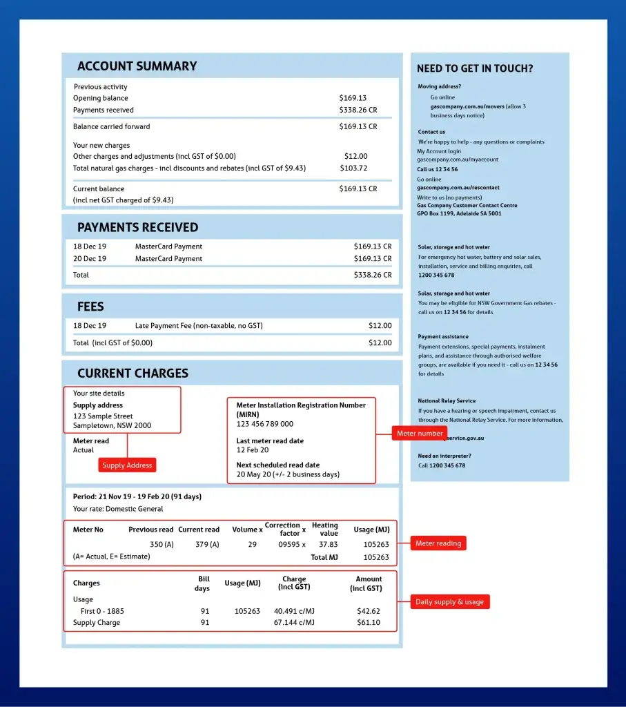 Annotated natural gas bill usage details