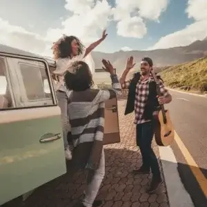 Friends on a roadtrip with a hire car