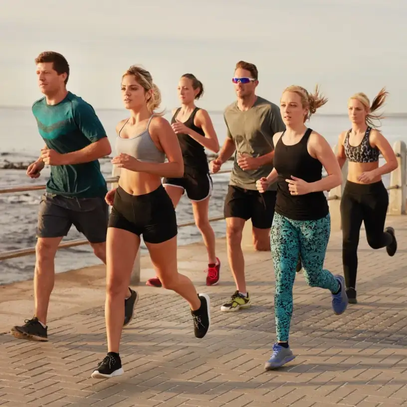 Group running carefree with health insurance for sport injuries