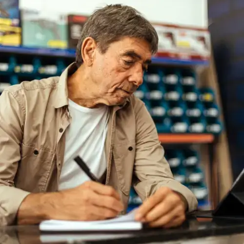 Senior man with small business calculating expenses