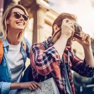 Tourists taking a photo on overseas trip