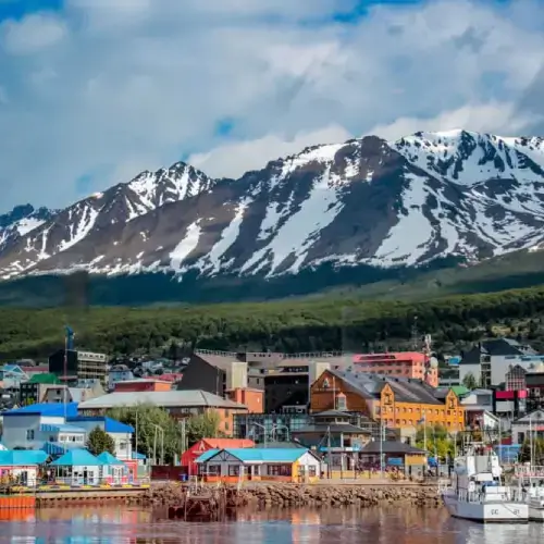 View of Ushaia from the river in Argentina