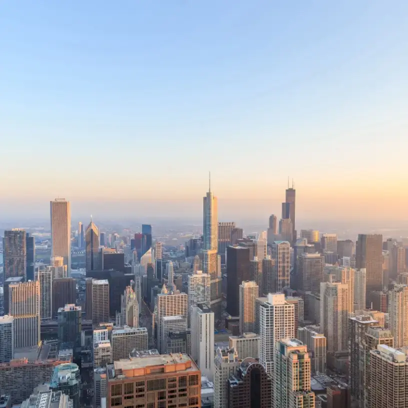 View of the Chicago skyline at sunrise