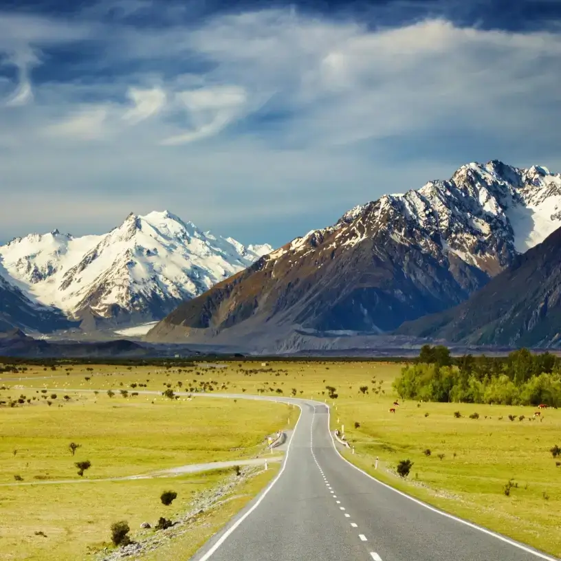 View of the road to the Southern Alps, New Zealand