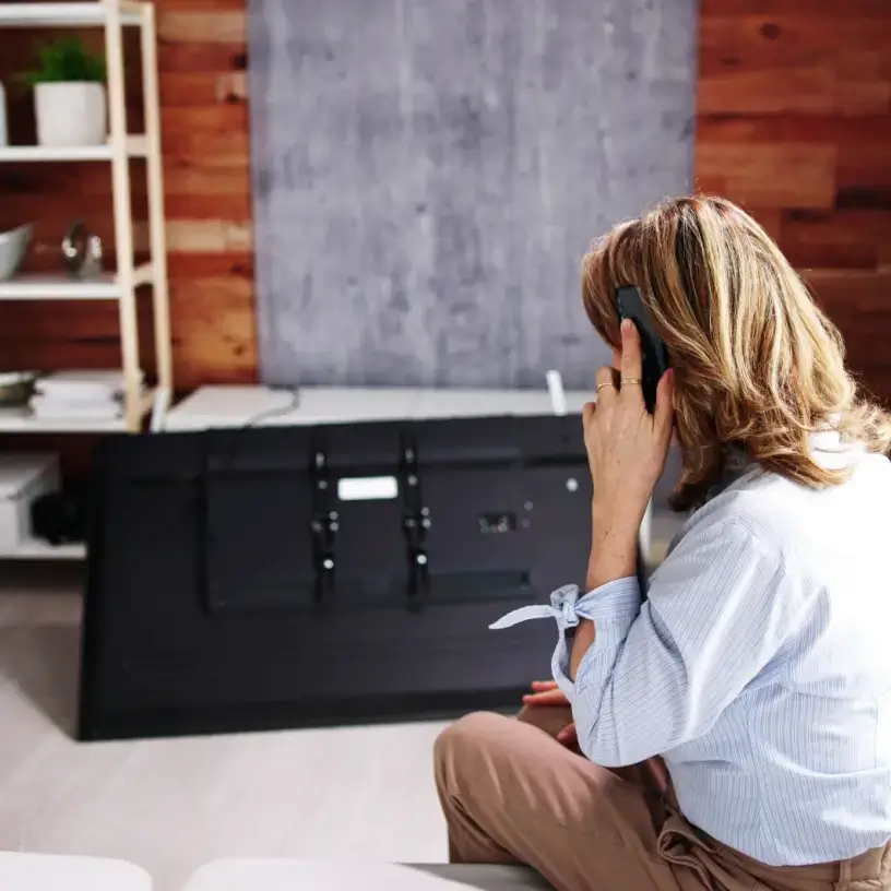 A woman calling her insurer, as her TV is face down on the floor.