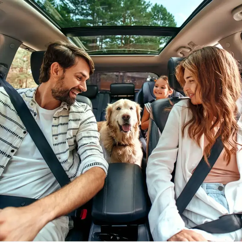 A family in a car looking at their pet golden retriever.