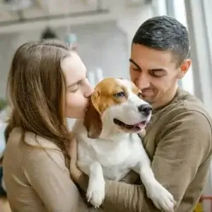 A couple hugging a beagle.