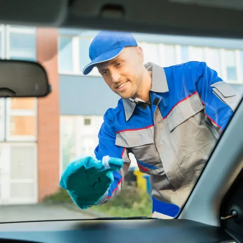 A man cleaning his car windscreen.