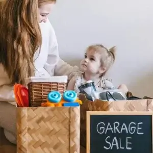 A mother at a garage sale with her daughter.