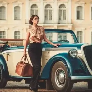 A woman walking next to a luxury car.