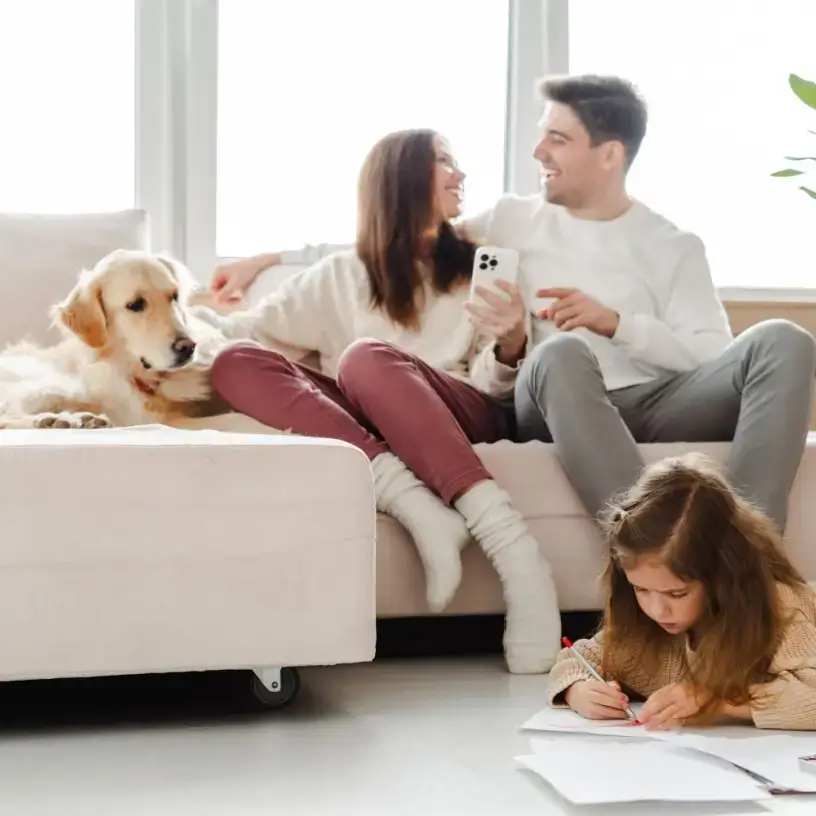 happy family 2 kids with dog