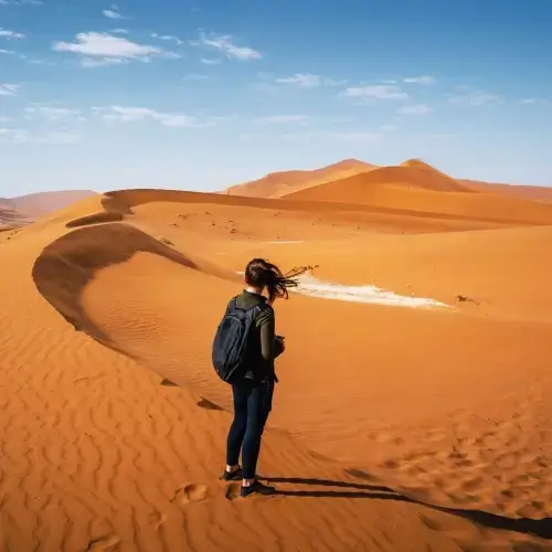 Woman with travel insurance for Africa in Namibia desert