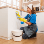 Asian woman cleaning house