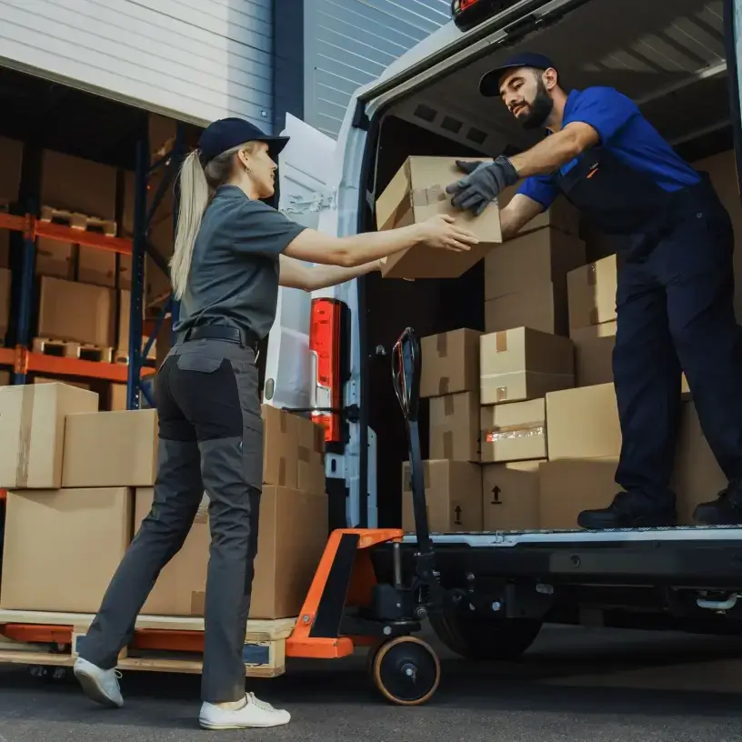 Workers loading goods into van