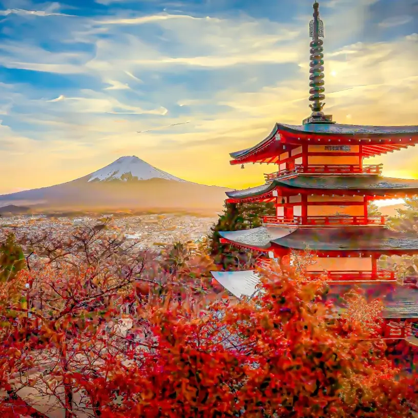 View of Chureito Pagoda and Mount Fuji; get travel insurance for Japan