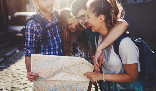 Group of travelers laughing