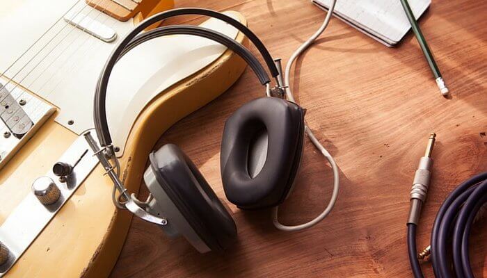 Headphones on wooden table