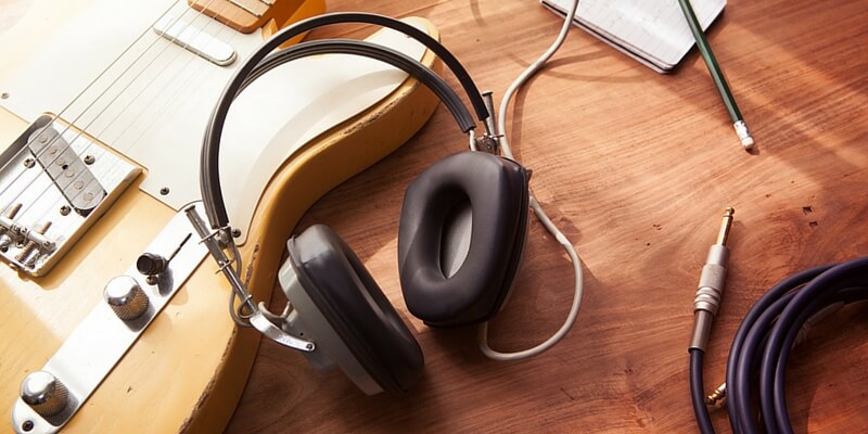 Headphones on wooden table