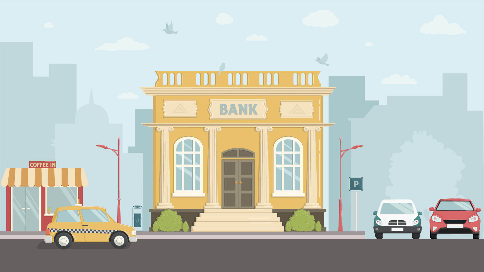 Bank building with city skylines behind