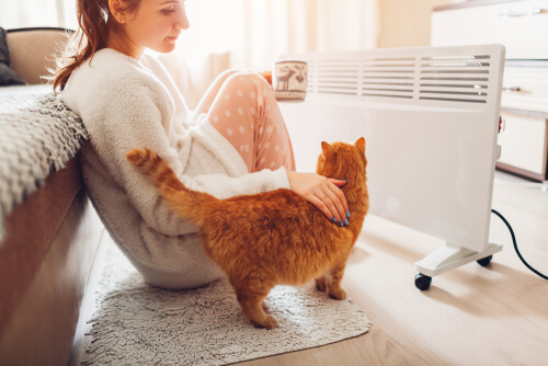 Woman drinking coffee sitting next to heater with her cat