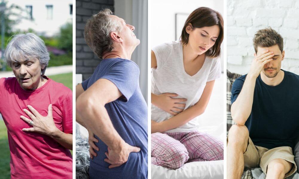 Woman with chest pain, man with back pain, woman with stomach pain, man with head pain