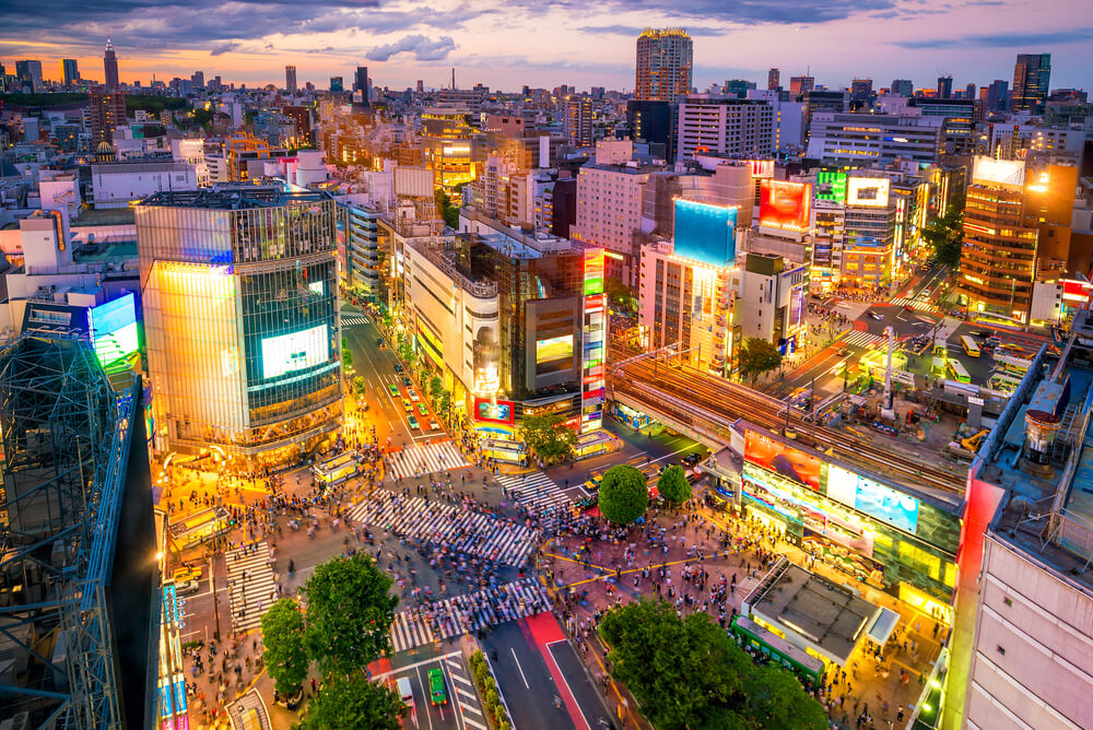 Shibuya Crossing from top view at twilight in Tokyo, Japan