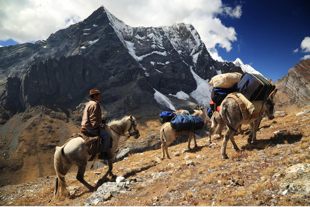 Peruvians traversing the mountains by pony