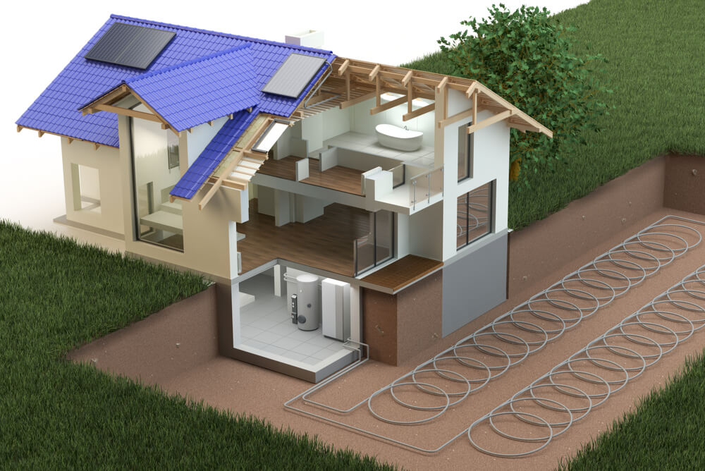 a 3D illustration of a home with a geothermal heat pump