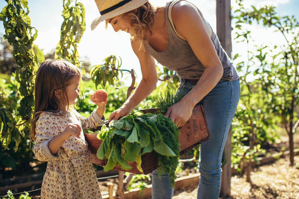 a woman and daughter picking vegetables in a garden