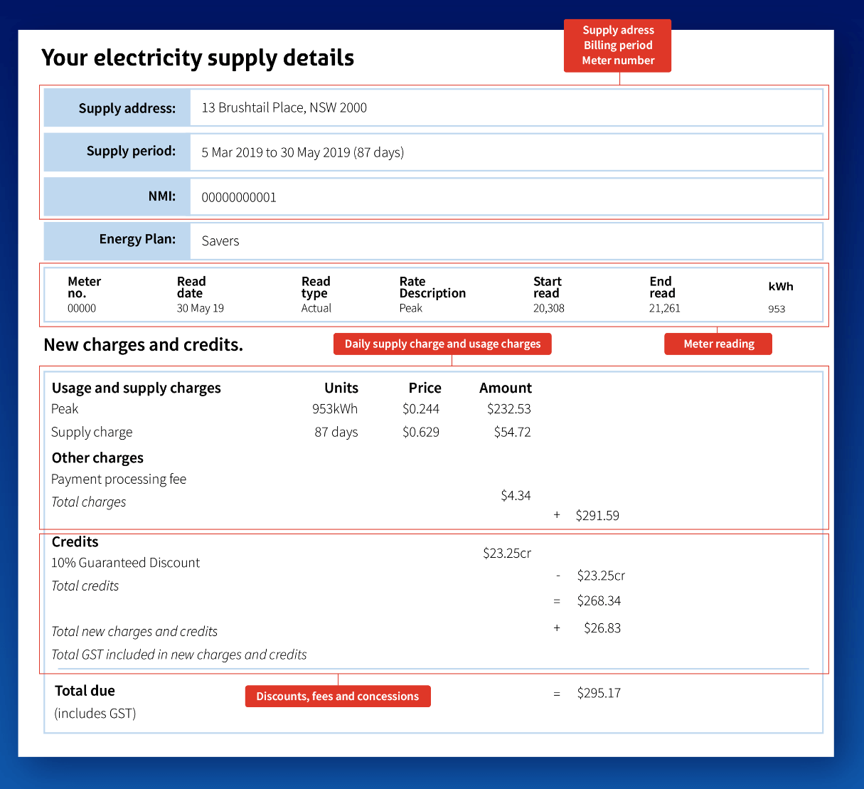 meter and usage details in an energy bill