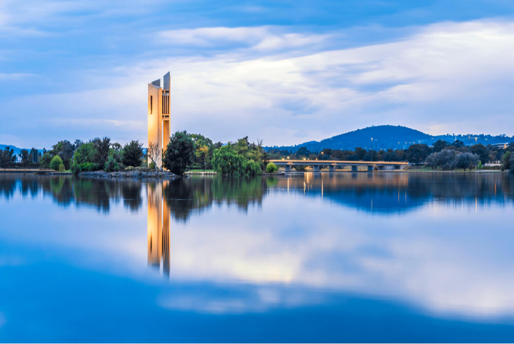 carillon tower lake burley griffin at dusk representing canberra act electricity providers