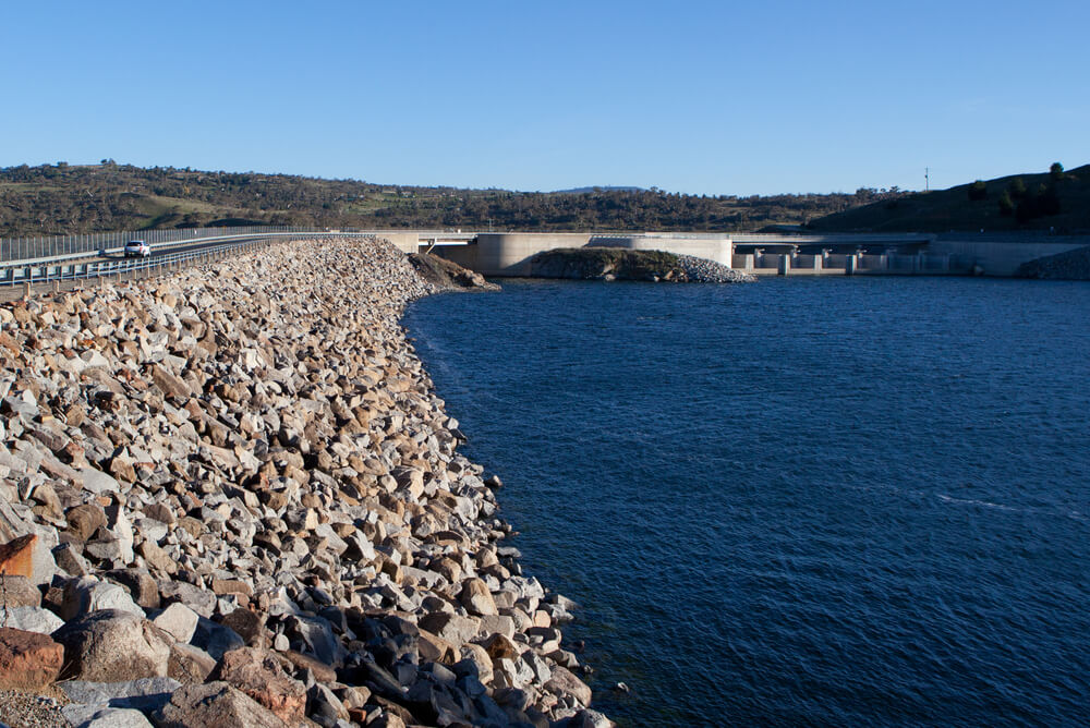 Jindabyne Dam as part of the Snowy Mountains Hydro Electric scheme in New South Wales