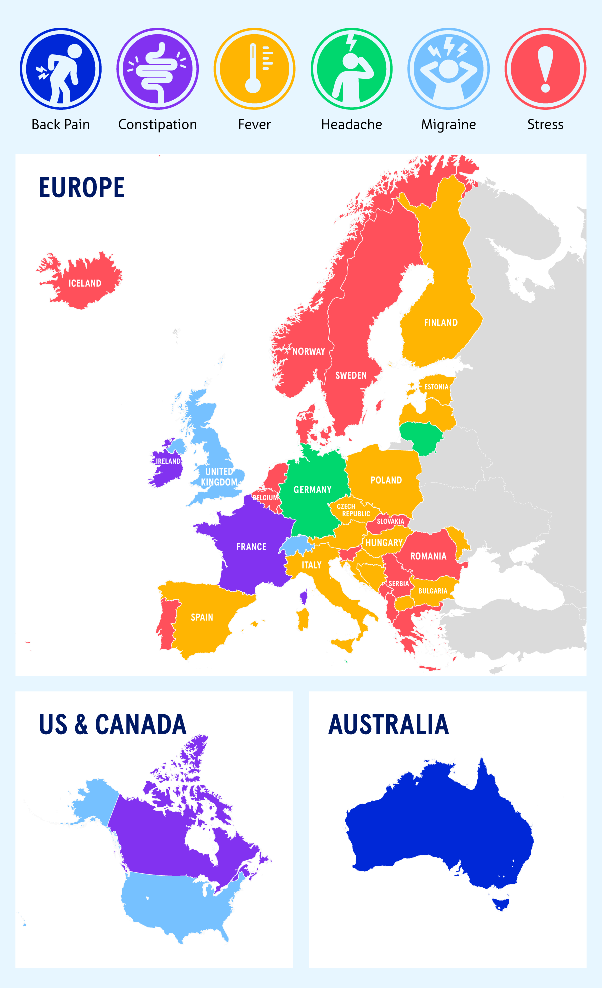 World map showing the most commonly Googled health symptoms in countries around the world.