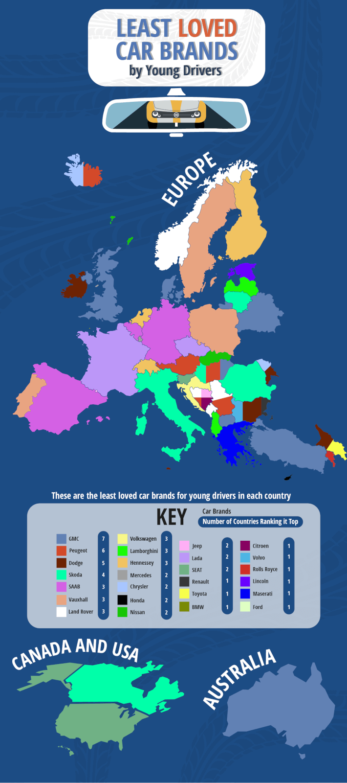 Map showing the least loved car brands by young drivers.