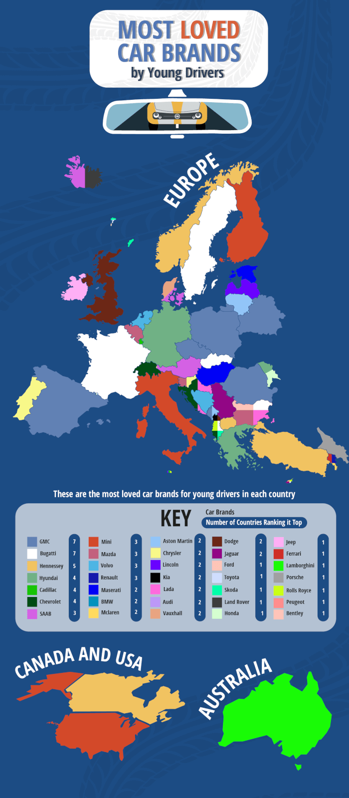 Map showing the most loved car brands by young drivers.