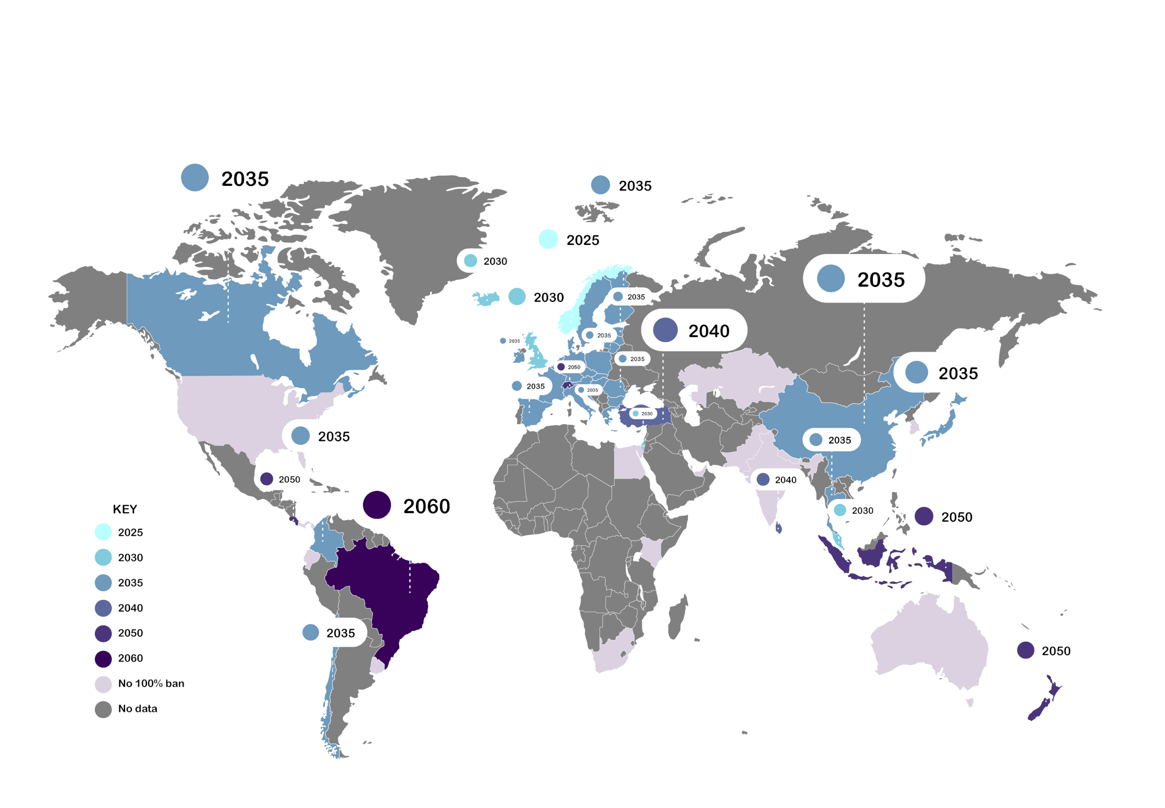 A map of the world showing which countries are banning fossil fuel car sales at different dates
