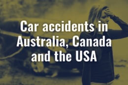 a woman standing next to a car crash with a title card reading "Car accidents in Australia, Canada and the USA"