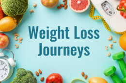 vegetables and fruit on a blue background with the words "Weight Loss Journeys"