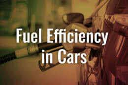 A car being refulled with a title card overlay reading "Fuel Efficiency in Cars"