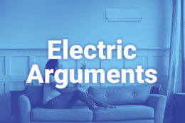 a women siitting on a couch using an air-con remote with a title card overlay reading "Electric Arguments"