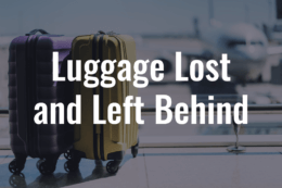 Suitcases at the airport with a title card overlay reading "Luggage Lost and Left Behind"
