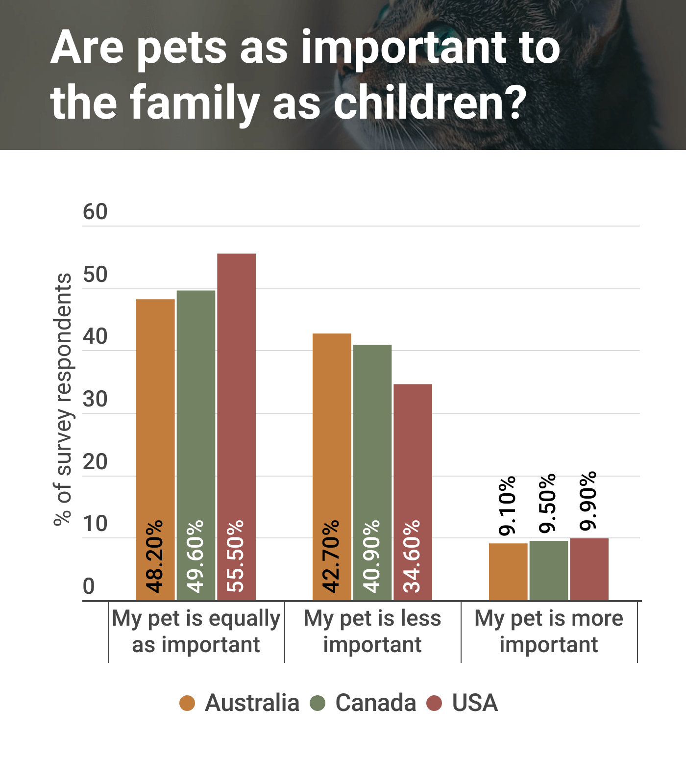 a graph of Australian, Canadian and American pet owners asking if their pet is as important to their family as children