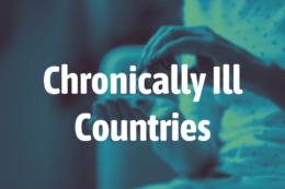 close up of hands holding pill bottle with title card overlay reading "Chronically Ill Countries"