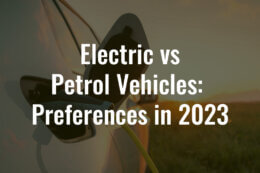 An EV car charging with a title card overlay reading "Electric vs Petrol Vehicles: Preferences in 2023"