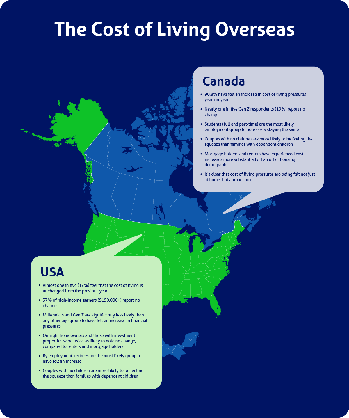 Map illustrating how the cost of living crisis is impacting America and Canada
