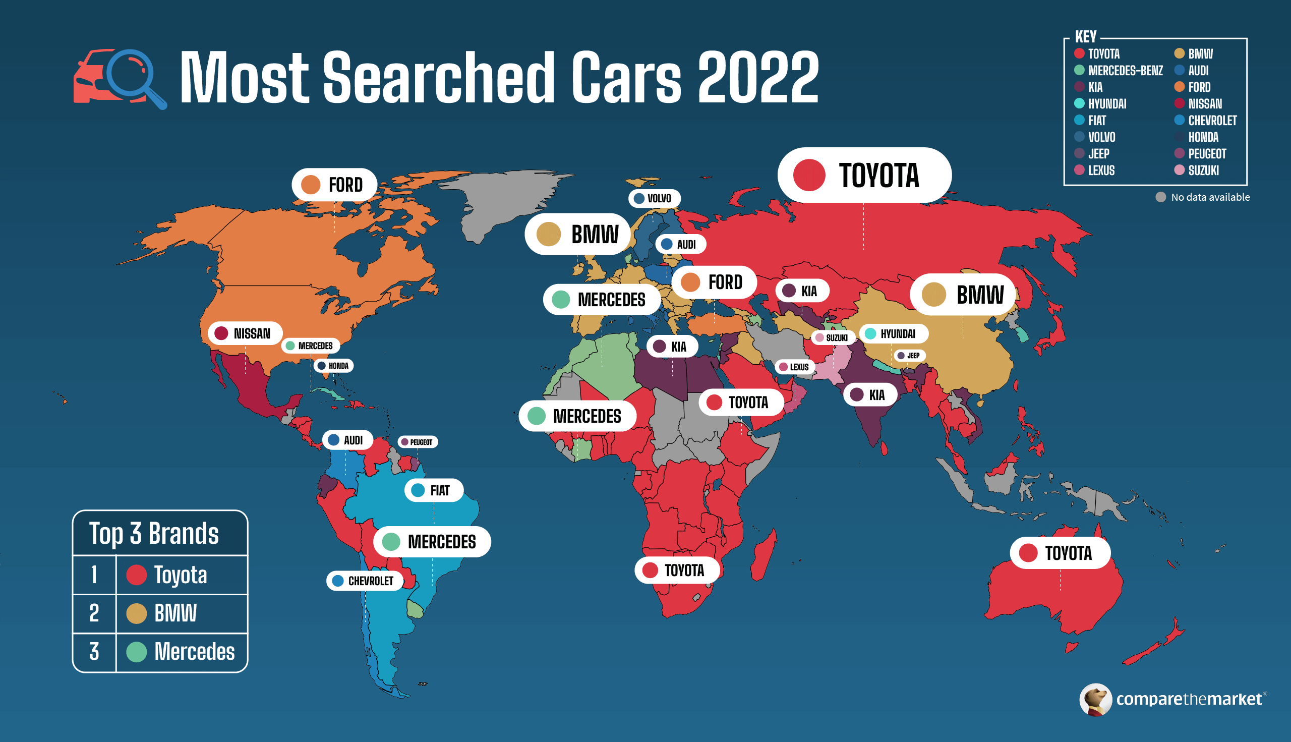World map showing the most searched car brand in each country.