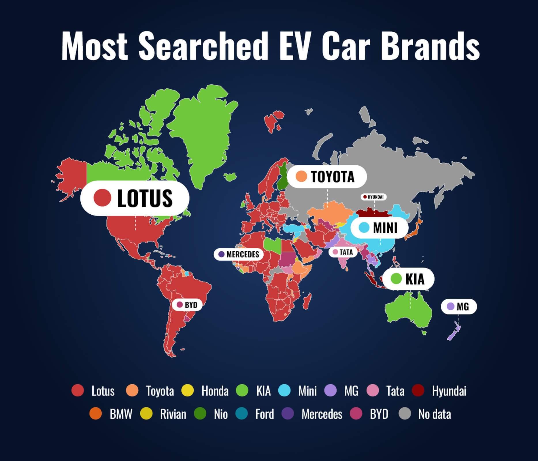 Map showing the most searched EV car brands around the world.
