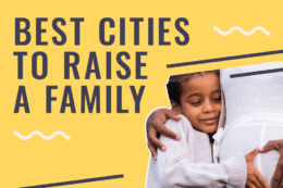 A child embracing their mother with a text box saying "Best cities to raise a family"